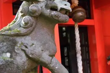 A pair of dog-like animals sit in front of the main shrine building. These are not dogs, although we call them koma-inu (koma-dogs). (Photo: Larry Knipfing)