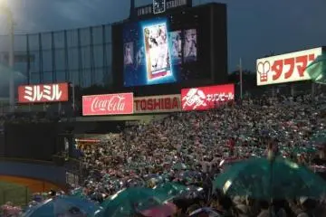Tokyo Yakult Swallows fans celebrating a run with their famous "umbrella dance." (Photo: <a href="http://en.japantravel.com/view/meiji-jingu-stadium" target="_blank" rel="noreferrer noopener nofollow">Todd Wojnowski</a>)