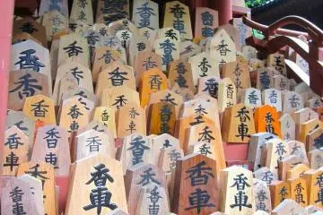 Around the tomb is Kannon-do, or Kyosha-do. Kyosha is a piece in Japanese chess, which moves forward in a straight line. The pieces are placed at the building by expecting mothers to pray for a safe and easy delivery. (Photo: Katie Leary)