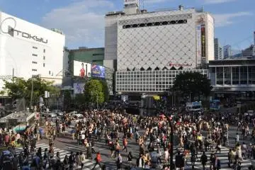 The famous scramble crossing in Shibuya facing the train station