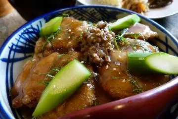 Main "Donburi" veggie meat ontop of rice with sauce (Photo: <a href="http://www.flickr.com/photos/hiroshimagab" target="_blank" rel="noreferrer noopener nofollow">jjwalsh</a>)