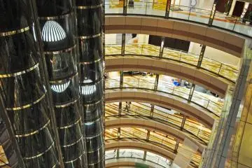 The elevators are designed like capsules with black and white striped ends. (Photo: Michelle Madden)
