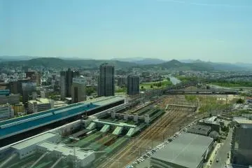 The east side of Morioka Station with mountains behind.
