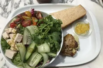 The salads are delicious and come with sides of a baked potato and bread with marmalade (Photo: Kim B)