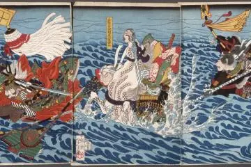 Fighting in the river (Photo:  The Great Battle at Kawanakajima – <a href="https://commons.wikimedia.org/wiki/File:The_Great_Battle_at_Kawanakajima_LACMA_M.84.31.236a-c.jpg" target="_blank" rel="noreferrer noopener nofollow">Tsukioka Yoshitoshi</a> / Public Domain)