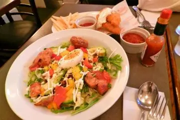Taco rice, fish and chips and tobasco.
