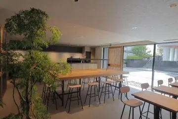 The interior of the cafe has a chic, minimalist vibe