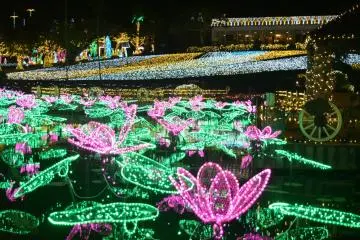 Beautiful lotus-shaped illuminations (Photo: <a href="https://prtimes.jp/main/html/rd/p/000000001.000090373.html" target="_blank" rel="noreferrer noopener nofollow">Okinawa City</a>)