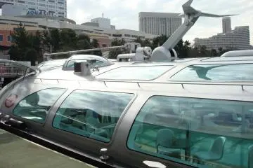 Tokyo Cruse Ship Himeko, designed by Leiji Matsumoto, docked at Odaiba Seaside Park after a trip from Asakusa.