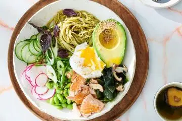 Chilled green tea noodles, sesame avocado, house pickles, jammy egg and warm shiitake dashi (a vegan option is available) (Photo: Mikkel Vang via Bills)