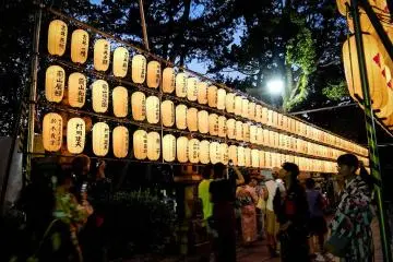 Evening of Sumiyoshi Matsuri with locals clad in kimonos